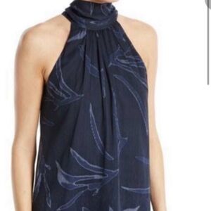 HALSTON HERITAGE mock neck navy silk top